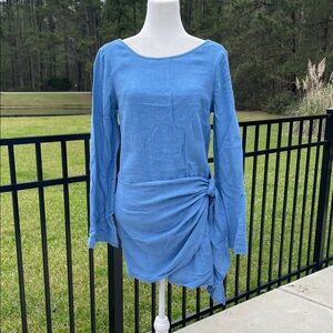 Free People  Blue Long Bell Sleeve Knot Wrap Dress with Lace Up and Button Back